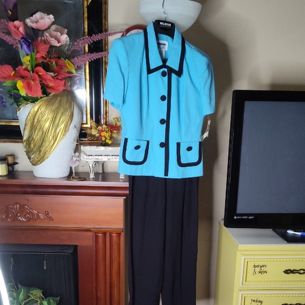 Lois Snyder Dani Max Blue and Black Two-Piece Dress Outfit Elastic Waist Size 8